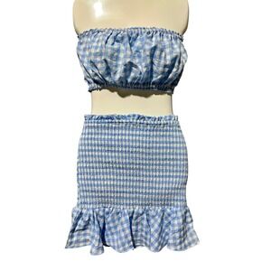 Mable Blue Gingham Smocked Ruffle Two Piece Set Crop Top Mini Skirt Size Medium